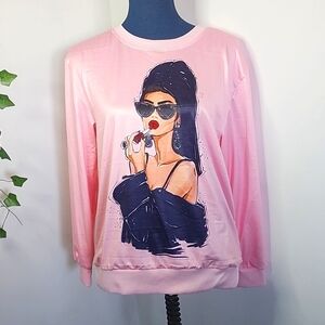 Pink Satin Crewneck Shirt with Glamour Girl Putting on Lipstick